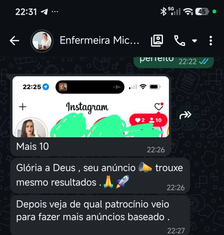 Conversa no WhatsApp em que a cliente relata que o anúncio trouxe novos seguidores e resultados