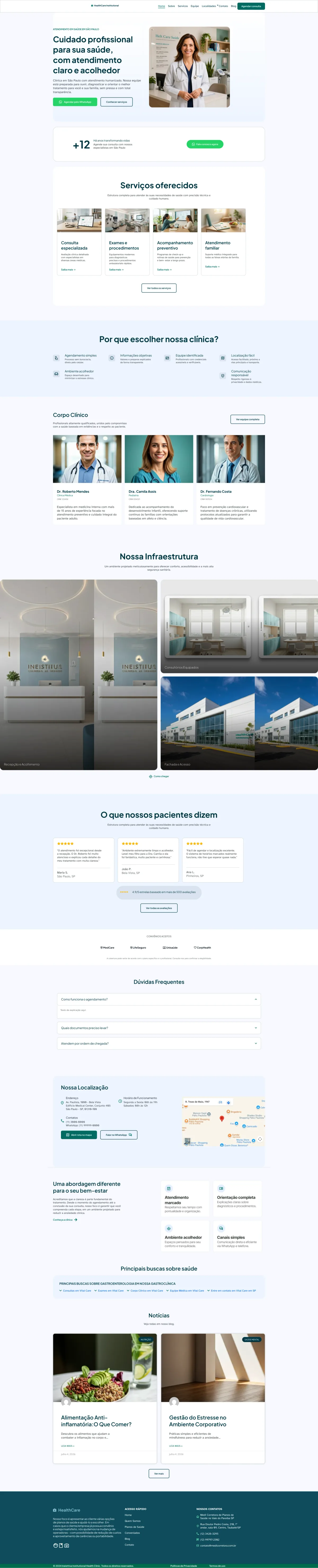 Site institucional da Clínica Médica HealthCare, apresentando a clínica e os profissionais que atuam nela