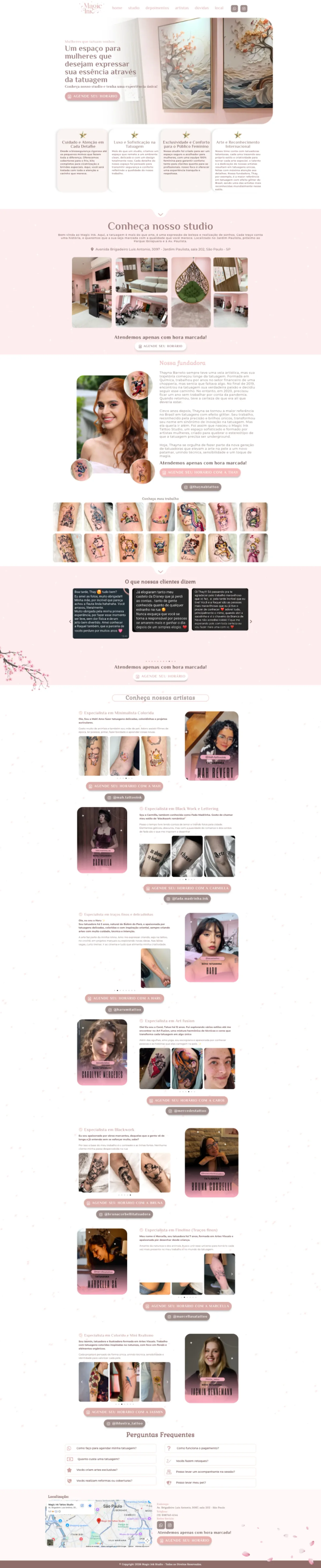 Landing page do studio de tatuagem Magic Ink, apresentando o studio e os artistas que atuam nele