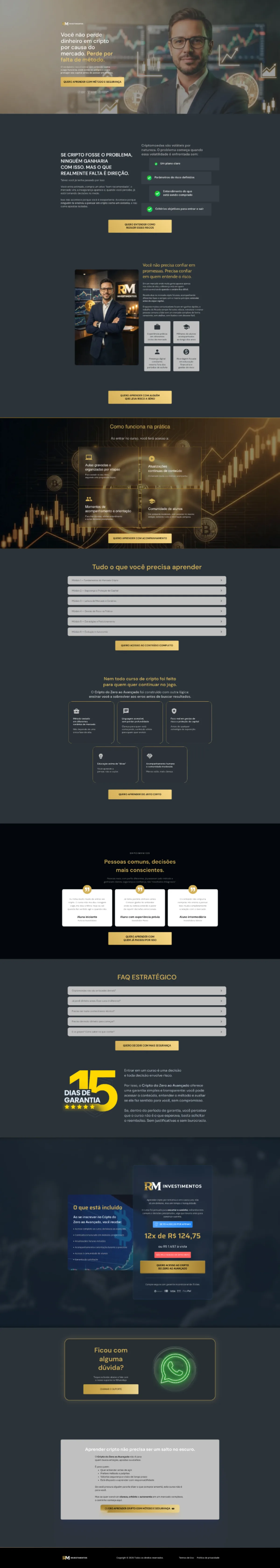 Landing page de vendas de um curso online sobre finanças, investimentos e criptomoedas